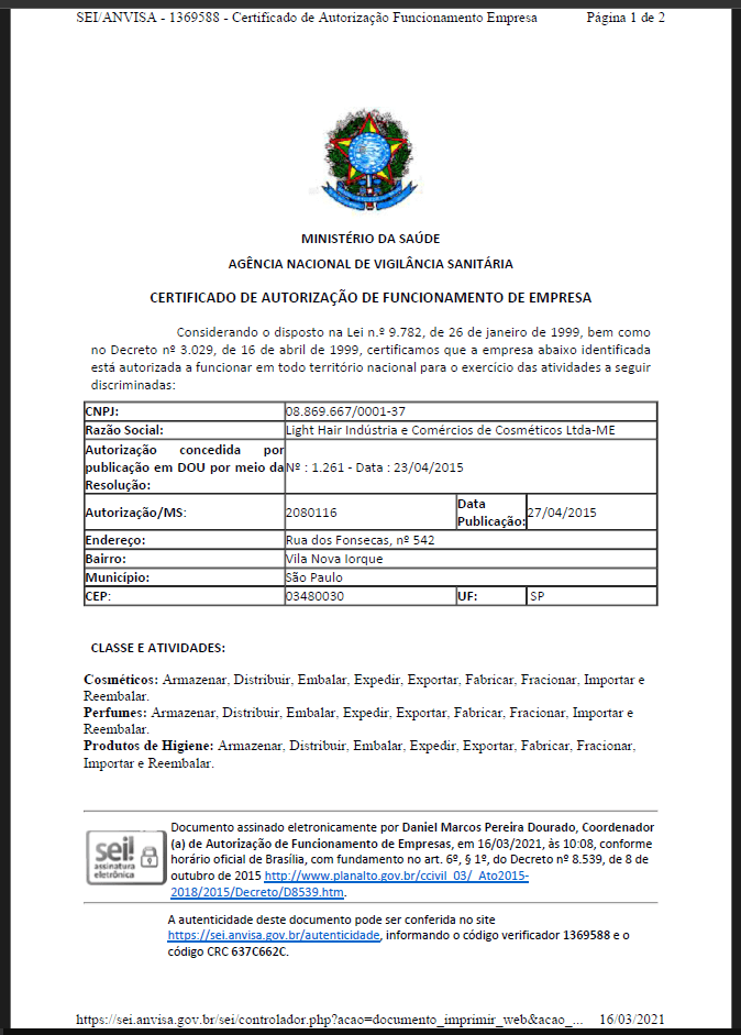 Certificado de Autorização de Funcionamento de Empresa Emitido pela Anvisa