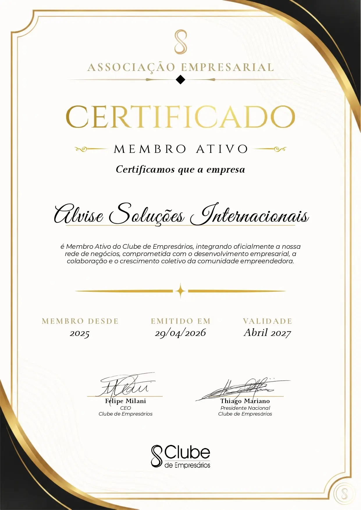 Certificado de Associação - Clube de Empresários