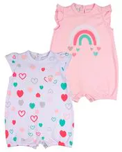 女婴短款麂皮连体裤印花和纯色两件套夏季麂皮棉心形连体裤套装 - 粉色