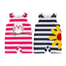 无袖婴儿连体衣 条纹两件套 猫头鹰和雏菊 - 白色