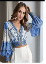 长袖波西米亚印花V领上衣