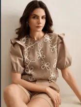 夏装女装新款圆领撞色花朵甜美宽松女式衬衫