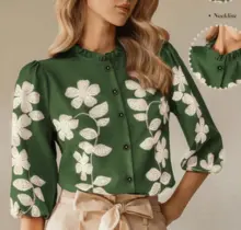 复古重工花朵刺绣灯笼袖衬衫女春季宽松休闲衬衣上衣