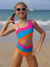 女童撞色镂空分体泳衣 儿童时尚条纹比基尼 海边度假速干游泳衣