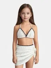 女童挂脖分体裙式泳衣 褶皱设计撞色边小公主泳装