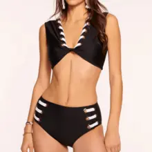 比基尼黑白撞色绑带款分体高腰泳衣 可定制性感 V 领扭结女士比基尼
