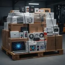 电子产品库存积压托盘，大量手机、平板电脑和智能设备，面向经销商