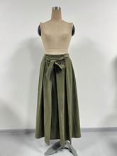 军绿色灯芯绒系带高腰半身长裙