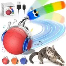 USB互动智能宠物猫玩具球360自动旋转滚球带羽毛尾巴猫玩具