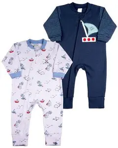 男婴绒面拉链连体衣 印花和纯色两件套船形棉质绒面连体衣套装 - 白色