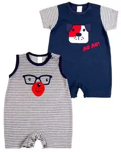 男婴短款条纹和纯色麂皮连体裤套装 2 件套夏季棉质麂皮狗狗连体裤 - 海军蓝