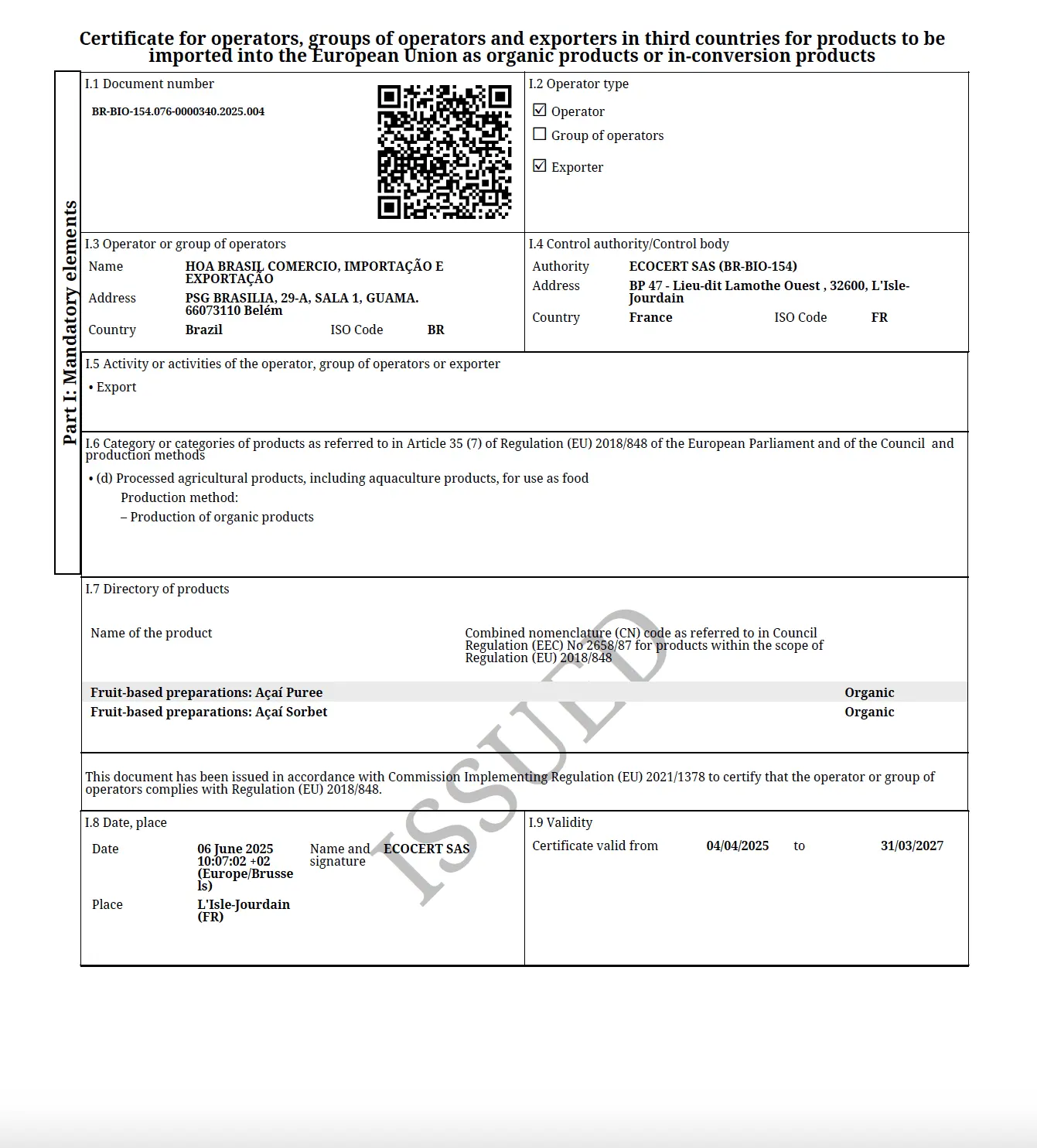 EU-Bio Certificate (Organic) 