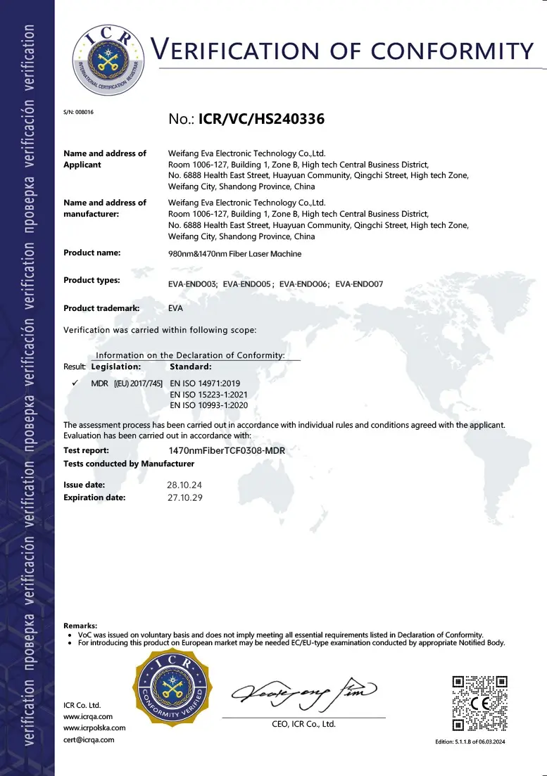 CE of 1470nm 980nm firber diode laser 